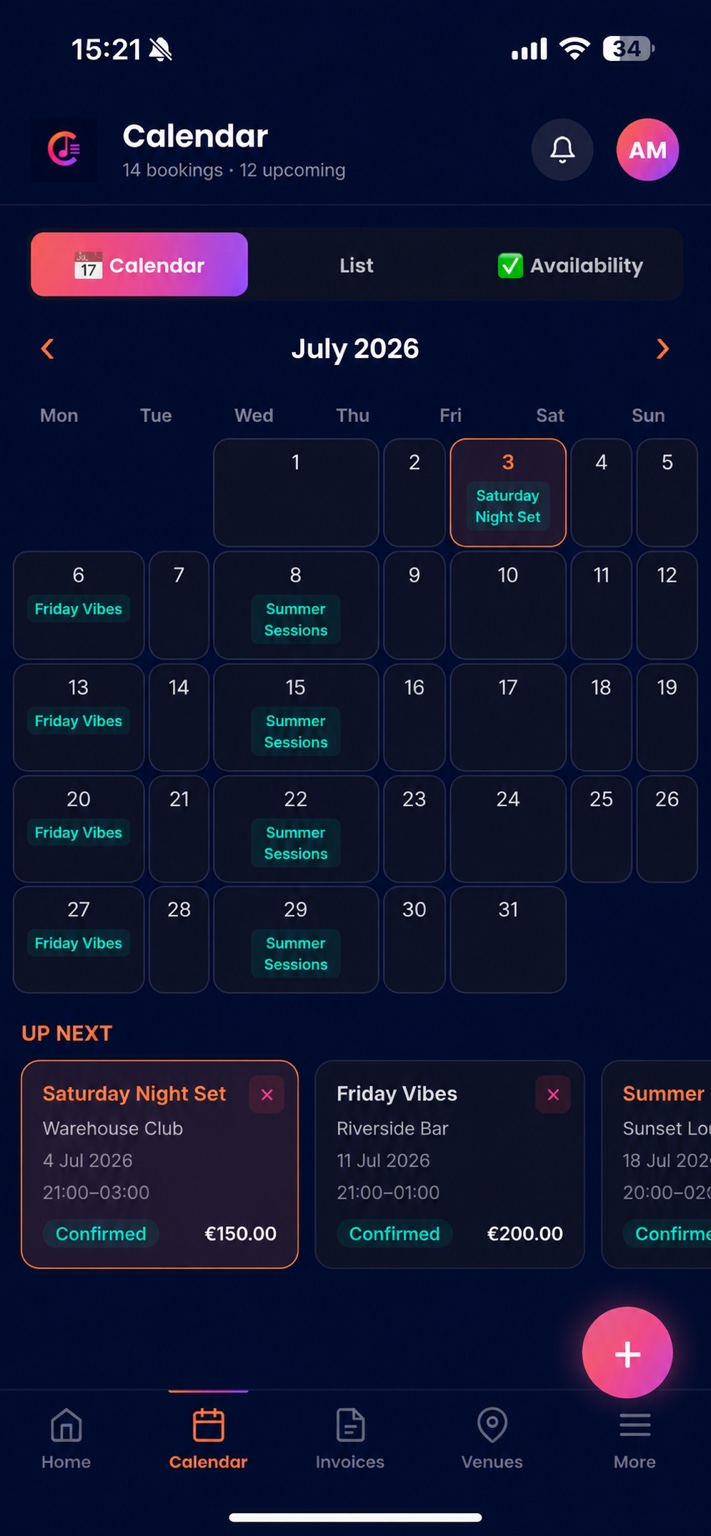 Calendar screen showing July bookings and upcoming gigs