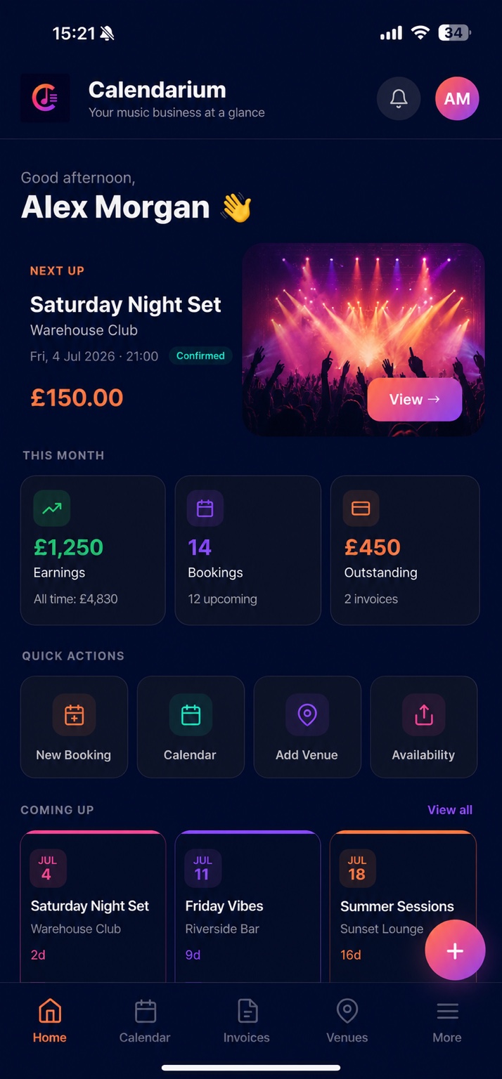 Calendarium dashboard showing bookings, earnings and quick actions