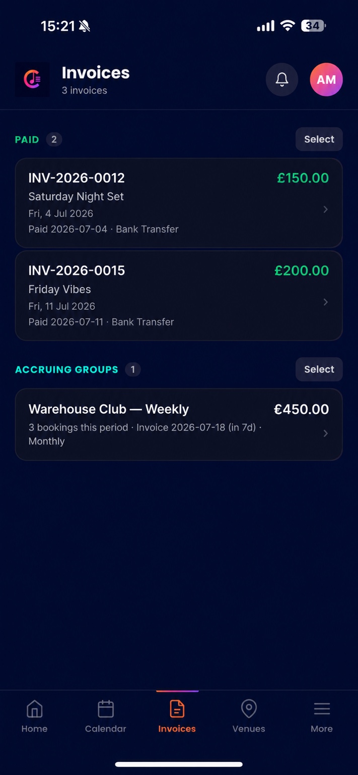 Invoices screen showing paid invoices and accruing groups