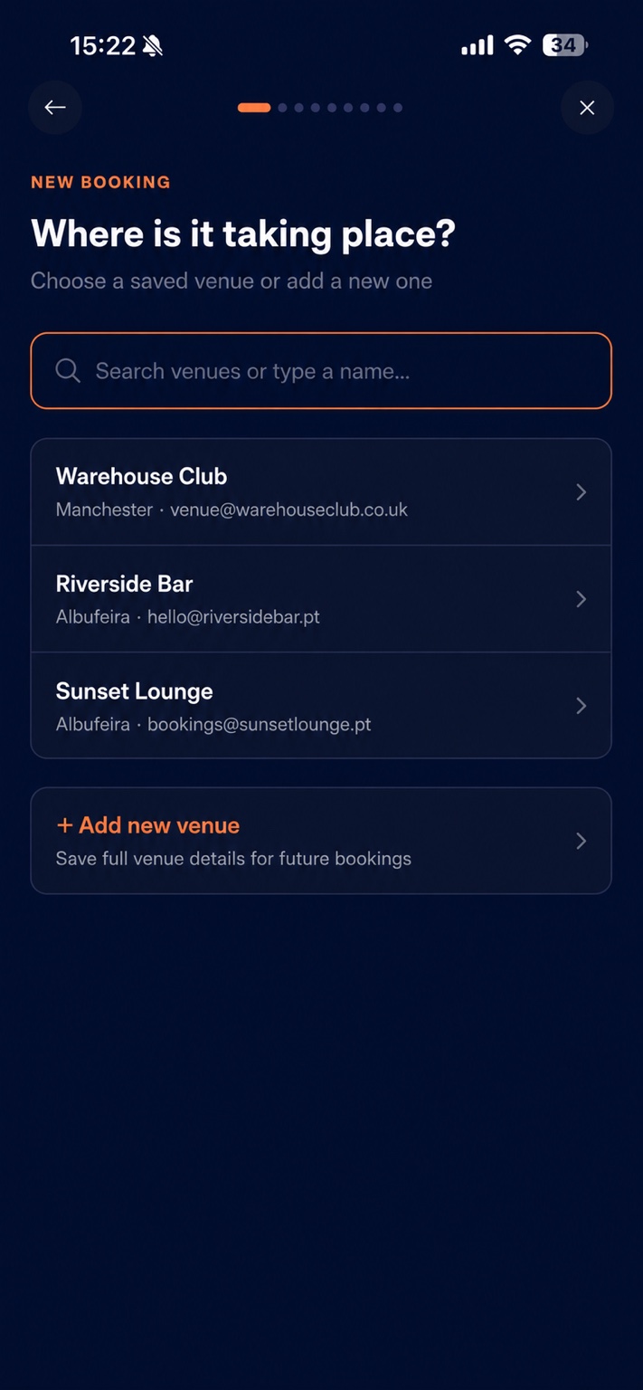 Venue selection screen with saved venues